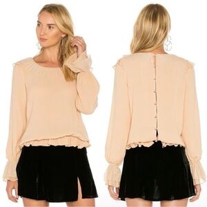 For Love & Lemons Evie Button Back Blouse Tan Nude Lace Trim Long Sleeve Sz XS